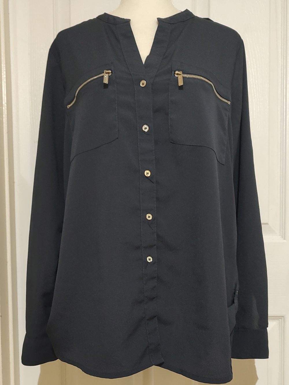 Dark Navy Long Sleeve Button Front Blouse